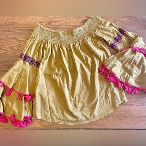 THML Off-The-Shoulder Embroidered Bell Sleeve Top